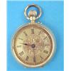 An 18k gold keyless fob watch with gilt roman dial....