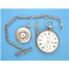 A late Victorian silver pocket watch by J W Benson, a half hunter fob watch and a fob chain....