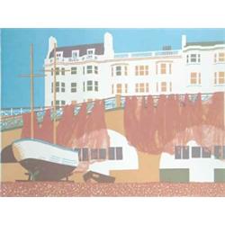 Geoffrey Elliot Silkscreen print, Beached Boats, Brighton, Signed, 62/75, 17.5 x 23 ins....