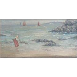 After William Marshall Brown oil on canvas, Girl gathering shells on the sea shore, Bears signatu...