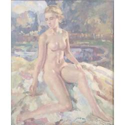 After Wilfred de Glehn oil on board, Nude girl beside a lake, Bears signature, 22 x 18.5 ins....