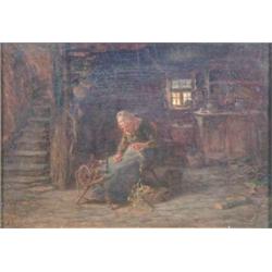 Anton Burger (1824-1905) German oil on canvas, Cottage interior with old lady at a spinning wheel...