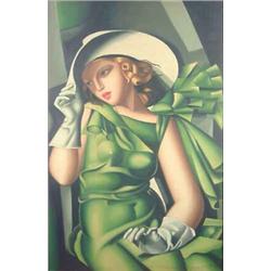 After Tamara de Lempicka oil on board, Lady in a green dress, 36 x 24 ins....