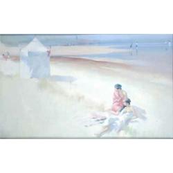 After William Russell Flint oil on board, 1930's beach scene, Bears initials, 13.5 x 21.5 ins....