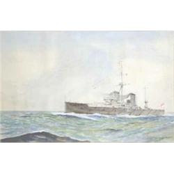 W Fred Mitchell watercolour, Battleship at sea, Signed, 14 x 21 ins....