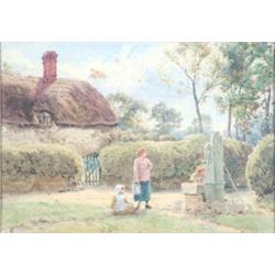 English School circa 1900 watercolour, Mother and children beside a water pump, Monogrammed B F,...