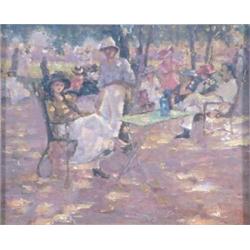 T McNeil oil on board, Figures seated in a park, Bears signature, 8 x 9.5 ins....