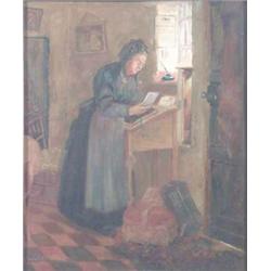 Circle of George Goodwin Kilburne oil on canvas,  The Postmistress , Bears signature, 19 x 16 ins...