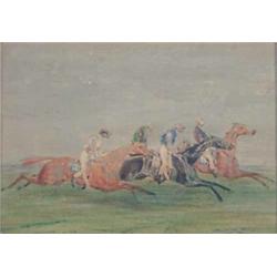 English School pair of overpainted prints, Horse racing scenes, 3 x 4.25 ins....