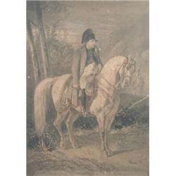 Charlet coloured lithograph, Napoleon on horseback, 23 x 16.5 ins....