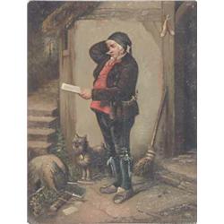 Continental School unframed oil on zinc panel, Innkeeper reading a letter, 8 x 6.5 ins....