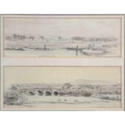 Dr Arthur Evershed two pen, ink and wash studies, "Amberley Castle and Church" and "The Bridge, P...