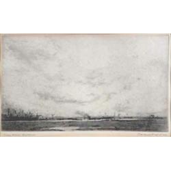 Charles Henry Baskett etching, Cindery Island, Brightlingsea, Signed in pencil, 5.5 x 9.5 ins....