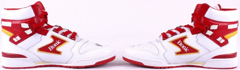 Pair of (2) Hakeem Olajuwon Signed Etonic Throwback Basketball Shoes Inscribed