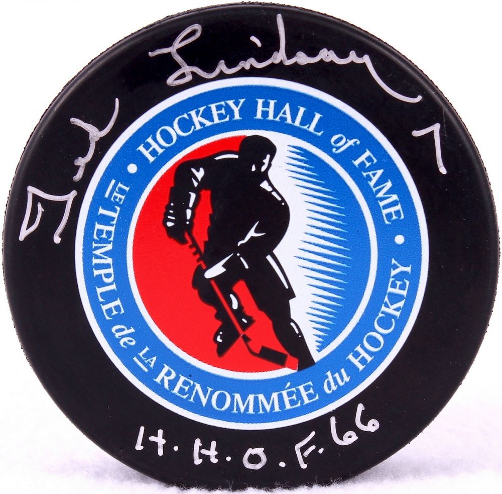 Ted Lindsay Signed Hockey Hall of Fame Logo Hockey Puck Inscribed 