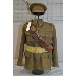 Canadian Olive Green Tunic w/ hat " Canada 5 Western Calvary", c/w wide web belt, leather cartridge 