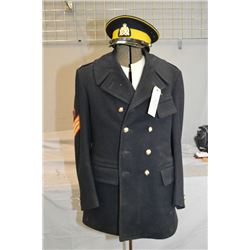 Dark Blue RCMP Overcoat w/ buttons, shoulder flashes, Sgt Stripes, w/ Navy Blue & Yellow hat complet