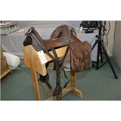 McLellan U.S. Army Leather Saddle , stirrups, girth Marked ICTDR 149, crupper, U.S. Army saddle bags