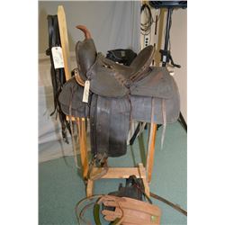 Clark Brand Antique Hi Back Western Saddle, needs restoration , c/w bridle ( very poor) & wood stand