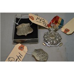 Lot of Three Items : Antique Medal "Native Canadian Society, w/ old bar & rifbbon - Ant Shield Shape