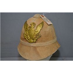 Antique PIth Helmet w/ large gilt Shield, Eagle holding ribbons & arrows w/sword & shield w/orig sti