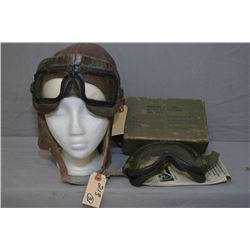 Lot of Three Items : Antique Pilot's Leather Helmet & Two Sets of Goggles, one is in original box w/