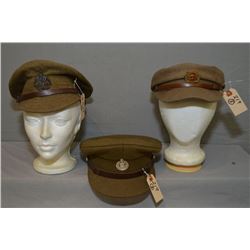Lot of Three Vintage Green Wool Service Hats [ Saskatchewan Light Horse 22 The Men's Shop Maker - Ro