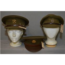 Lot of Three Vintage Green Wool Service Hats [ Overseas Battalion Canada - Gilt Eagle Badge - Gilt L
