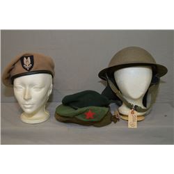 Lot of Five Items : World War One Helmet w/leather neck protector - Tan wool beret w/embroidered bad