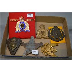 Tray Lot : Three Lg RCMP Medallions - Lg gold toned medallion on leather HONI SOIT QUI MAL Y PENSE -