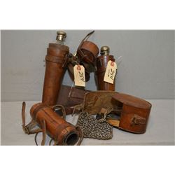 Tray Lot : Two Rare Leather Pouches that hold glass flasks inserts [ one has initial J.F.M. stamped 