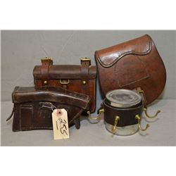 Tray Lot : Antique Leather Pouch [ possibly for horse shoes ? ] - Leather strap w/ five brass hanger