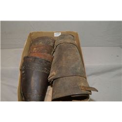 Tray Lot : Three Pairs of Antique Leather Hand Tooled Gauntlets - One Pair of leather leggings