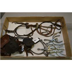 Tray Lot : Two Pairs RCMP style Riding Spurs w/leather - Three Pairs of Chrome Riding Spurs - Pair o