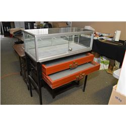 Metal Display Stand w/ glass sides, w/locking glass show case & two locking wooden show case drawers