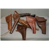 Image 1 : Box Lot : Six Various Leather Flap Holsters [ one w/ cartridge belt ,one for automatic, one marked U