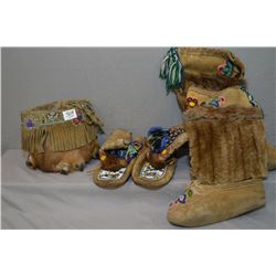 Tray Lot : Ornate Beaded Native Purse w/ ankle fur & hooves - Two Pairs of Beaded Moccasins [ one ta