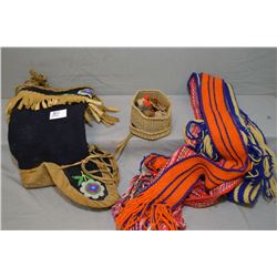 Tray Lot : One Pair Beaded Moccasins, Three Native Scarves, small weaved basket w/ one set mini mocc