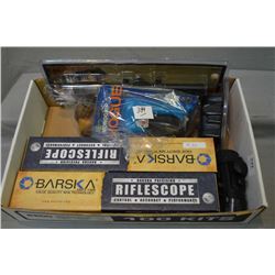 Tray Lot : Two New Barska Scopes w/orig boxes - Tasco Scope [ sealed in pkg ] - Two Red Dot Sights [