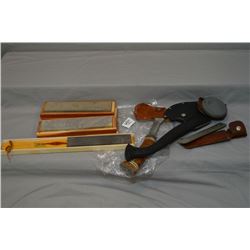 Bag Lot : Three Smith's Sharpening Stones w/boxes - Two Hatchets w/covers - Shrade Old Time Hone Ste