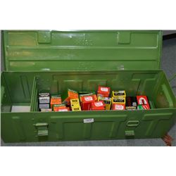Green Metal Military Ammo Box [ Dated 1943 ] : w/ Approx 30 Boxes of Various Bullets ; 7 MM , .30 ca