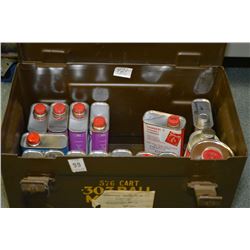 Brown Metal Military .303 Ammo Box : w/ Approx Twelve Full Cans of Gun Powder, plus some part cans :