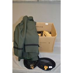 Box Lot : Two Legion Berets - Brown Milt Tunic - Green Milt Tunic - blue pr pants - Shooting Vest Si