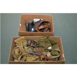 Lot of Two Boxes: Large Selection of Green Web Military Belts, Pouches, etc. Pair of RCMP Stamped Bl