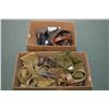Image 1 : Lot of Two Boxes: Large Selection of Green Web Military Belts, Pouches, etc. Pair of RCMP Stamped Bl