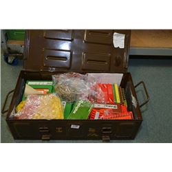 Large Brown Metal Military Ammo Box - full of various brass ONLY, some loose, some in containers