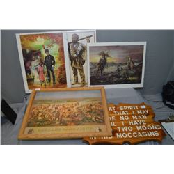 Lot of Five Pictures : Oak Framed "Custer's Last Stand, at Little Big Horn" - Wooden Plaque "Great S