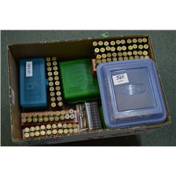 Box : Approx 450 Rnds of Reloaded Ammo [ various calibres ] - plus plastic container w/ .22 LR ammo