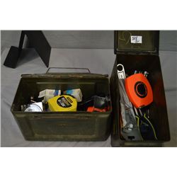 Lot of Two Small Green Metal Military Ammo Boxes : full of various hand tools, tape measure, allan w