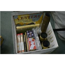 Box Lot : Three Lg Brass Artillery Cases - Plastic Tray ; w/some lg calibre ammo, etc - Bag : small 